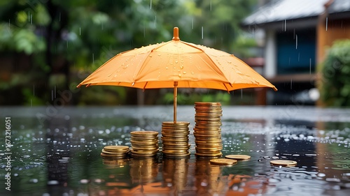 Wallpaper Mural Golden coins stacked high under a bright orange umbrella protecting them from falling rain on a wet reflective surface Torontodigital.ca