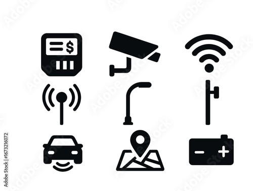 Smart city technology icons: wifi, surveillance, electric vehicle, gps, connectivity
