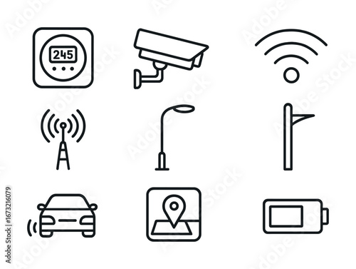 Smart city technology icons: surveillance, connectivity, navigation, charging, infrastructure