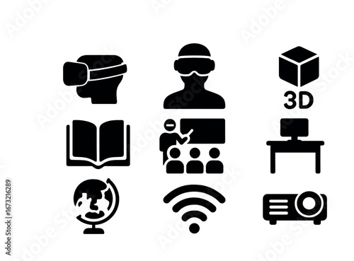 Virtual reality learning icons: vr headset, 3d cube, education symbols, projector, wifi