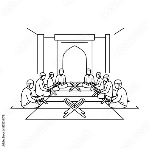 People praying in mosque with transparent background