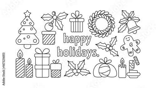Black and White Happy Holidays Coloring Page: Christmas Tree, Gifts, Wreath, Holly, Bell, Gingerbread Man, Candles, Holiday Vector Illustration