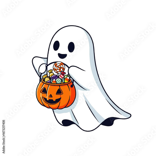 Cartoon ghost holding a pumpkin bucket filled with candy, isolated on a white background