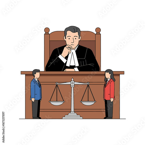 Judge presiding over courtroom scene with scales of justice impartial justice system fair trial concept