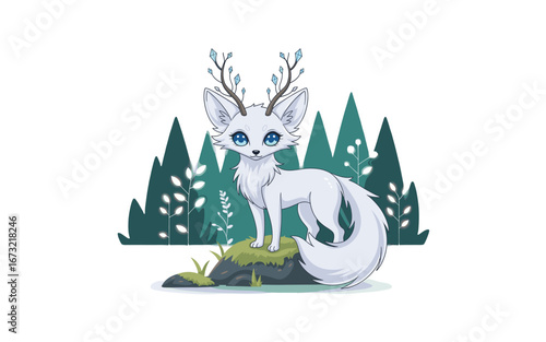Magical Arctic Fox with Crystal Antlers in Woodland Forest, Illustration for Children's Books, Fantasy Art, and Digital Design Projects