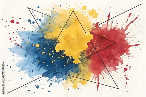Energetic Abstract: Watercolor Splatter with Geometric Lines