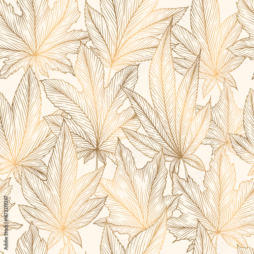 Hand drawn gold autumn maple leaves seamless pattern. Engraving line art fall leaf ornament template for fabric print card. Foliage vector elegant illustration isolated on light background