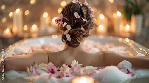 A serene spa setting designed for ultimate relaxation and rejuvenation. Soft candlelight flickers gently over smooth stones, fresh flowers, and aromatic oils
