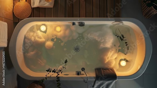 A serene spa setting designed for ultimate relaxation and rejuvenation. Soft candlelight flickers gently over smooth stones, fresh flowers, and aromatic oils