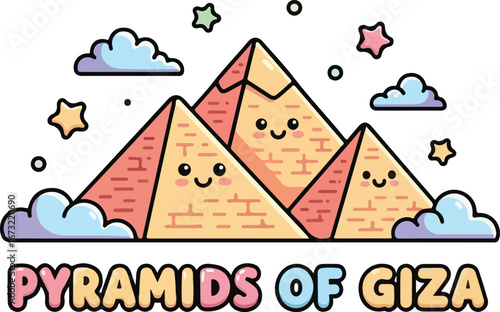 Kawaii Pyramids of Giza: Whimsical Illustration of Iconic Landmarks with Cute Faces and Pastel Colors.