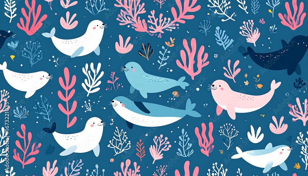 Obraz premium Whimsical marine ecosystem featuring adorable seals amidst colorful coral reefs background