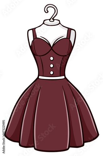 Elegant retro style burgundy dress on a display mannequin illustration