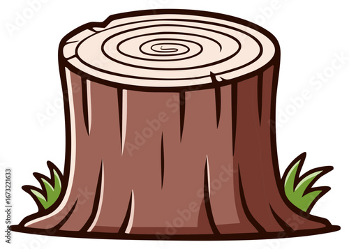 Simple Cartoon Illustration Depicting a Brown Tree Stump Surrounded by Patches of Green Grass