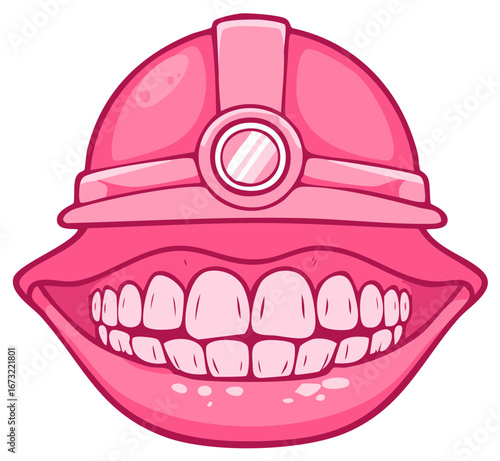 Pink Construction Helmet and Lips Opening with Teeth Illustration Cartoon Style