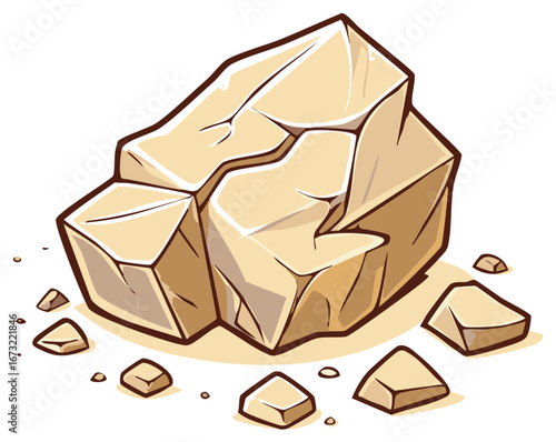 Cartoonish illustration of a large, jagged tan rock with smaller stones scattered around it