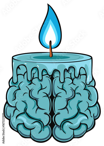 Vibrant blue cartoon brain candle with a bright flame, representing mental energy, thought, and intelligence