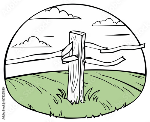 Rustic wooden fence post with waving cloth strips in a green field illustration