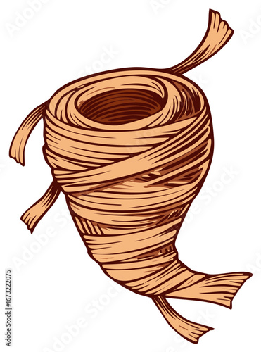 Stylized illustration of a mummy wrapped in bandages with frayed ends