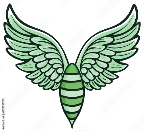 Cartoon image of a winged object in green and light green, showcasing striped body and spread wings, fantasy.