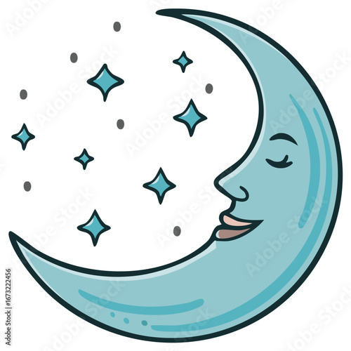 Crescent Moon with Face Among Twinkling Stars Comic Style Sky Fantasy Dreamy Sleepy Celestial Scene