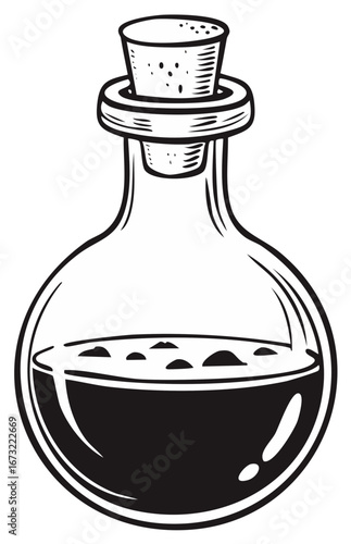 Black and white illustration of a potion bottle with a cork