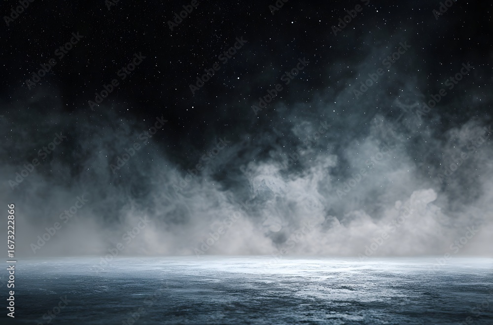 Obraz premium Mysterious and atmospheric night scene with dense fog or mist over a dark ground, under a starry sky. Ethereal background.