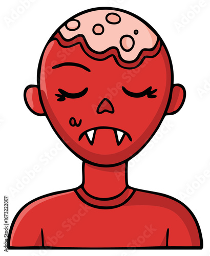 Illustration of a sad, red, cartoon vampire, with a partly exposed brain on his head.