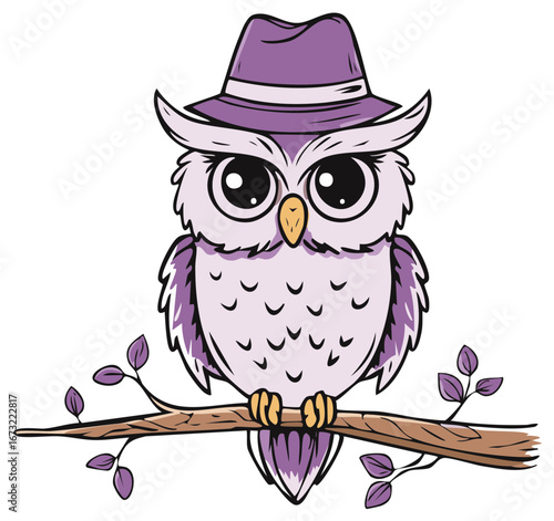 Cartoon Owl Wearing a Hat Perched on a Branch with Leaves