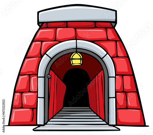 Cartoon stone arched entrance with glowing lantern leading to dark corridor