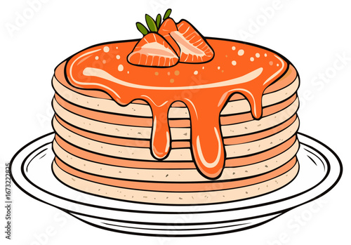 Pile of pancakes with orange glaze and strawberry slices on plate