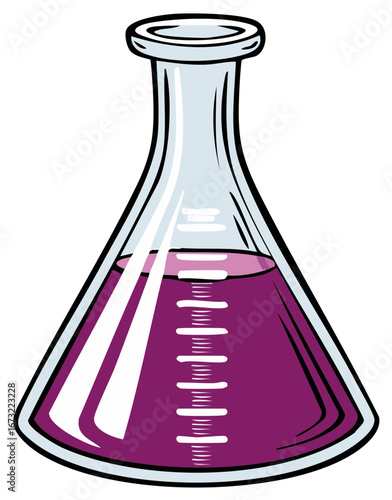 Cartoon Erlenmeyer flask with purple chemical solution and clear measurement markings