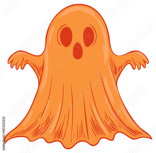 Friendly orange cartoon ghost with spooky red eyes and open mouth for Halloween designs