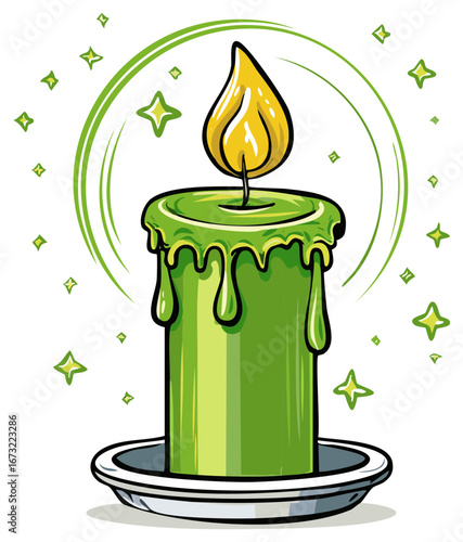 Enchanted Green Candle with Dripping Wax, Bright Flame, and Sparkling Magic Illustration