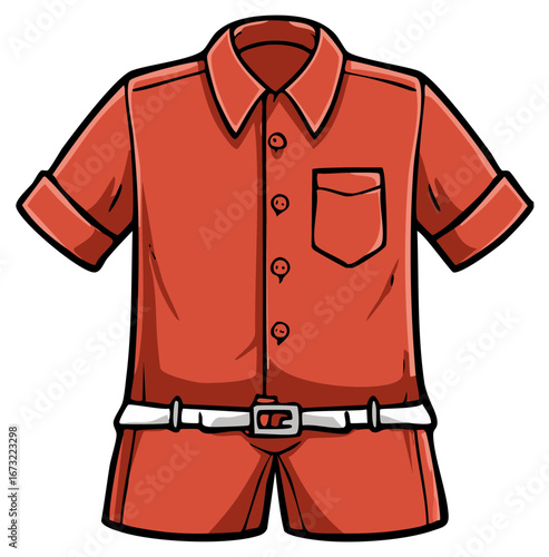 Cartoon illustration of a red shirt and shorts set with a belt.