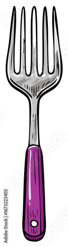 Vibrant Purple Handle Fork Hand Drawn Illustration Utensil Silverware Eating Tool Tableware Cookware Appliance