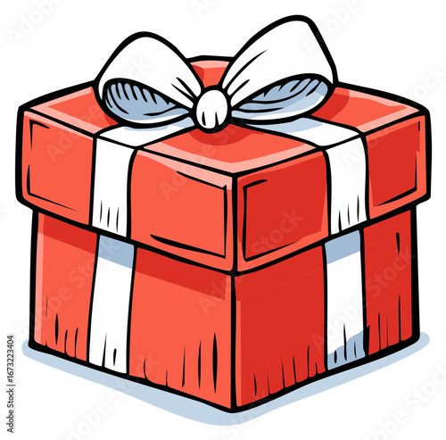 Cartoon illustration of a wrapped red gift box with a white ribbon bow.
