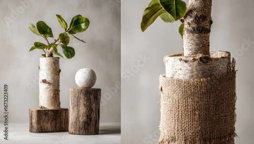 Rustic plant display with birch and burlap