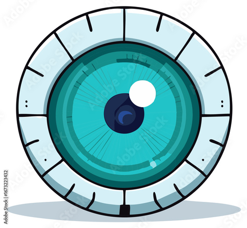 Stylized cartoon eyeball with a vibrant blue iris and a black pupil looking upwards