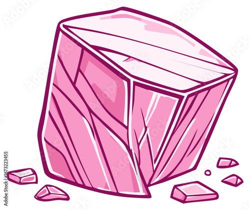 Illustration of a pink crystal with sharp edges, gemstones and fragments