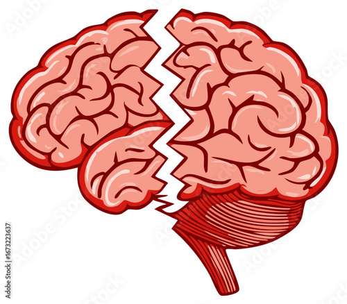 Vibrant red brain illustration broken in half symbolizing mental health breakdown stress and cognitive issues