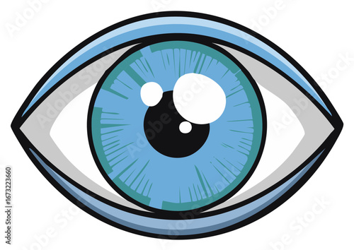 Cartoon illustration of an open eye, with blue iris and detailed eye shape