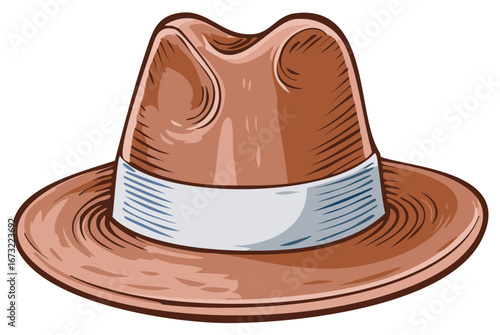 Classic Brown Fedora Hat with Blue Striped Band Illustration