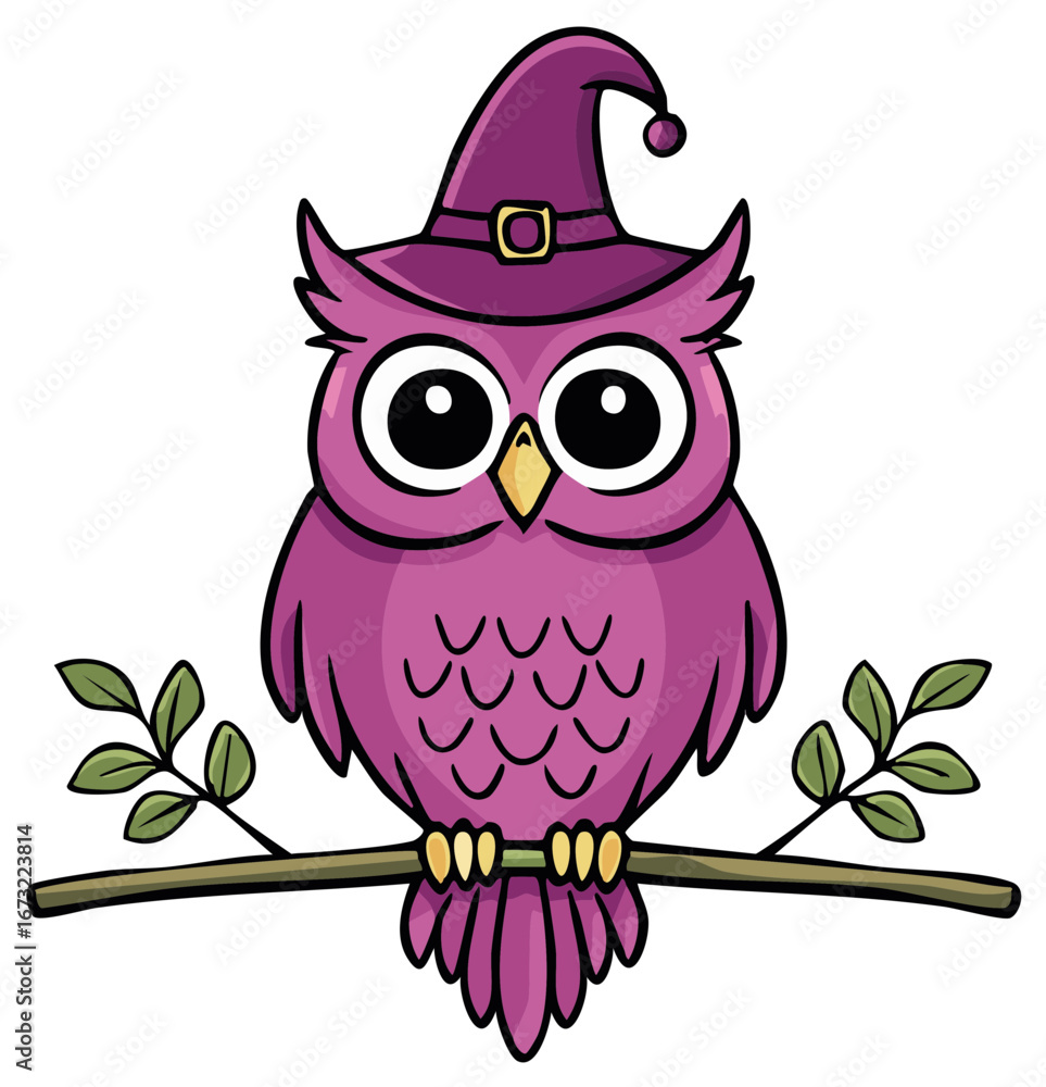 Obraz premium Cartoon Owl Wearing Witch Hat Sitting on Branch Halloween Illustration
