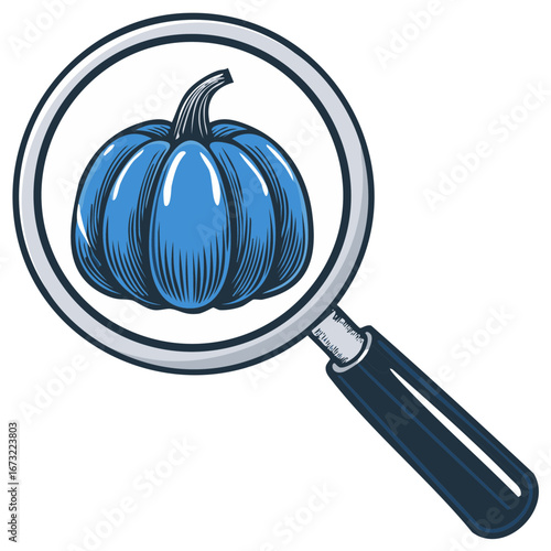 Blue pumpkin magnified under a magnifying glass search concept illustration