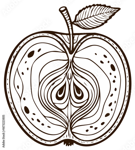 Cross section of apple illustration. Hand drawn fruit design with decorative lines and leaf