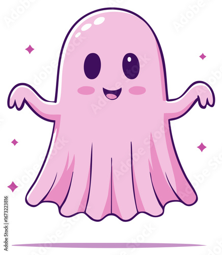 Adorable pink cartoon ghost character illustration with a happy face and rosy cheeks, floating merrily