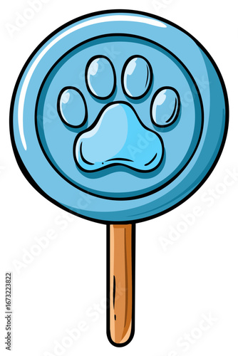 Blue Lollipop with Paw Print on Stick, Pet Symbol, Animal Treat, Pet Food Icon Design
