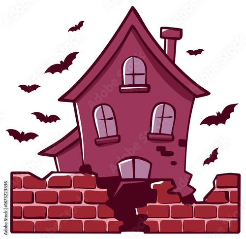 Whimsical haunted house illustration with flying bats and a damaged brick wall spooky Halloween concept