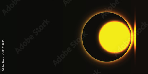 Glowing abstract, circle, eclipse, background, and light design with a luminous yellow sphere. Futuristic digital art for modern visuals and decoration.