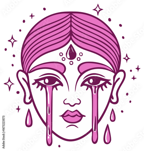 Illustration of a stylized woman's face with tears, dots, and stars